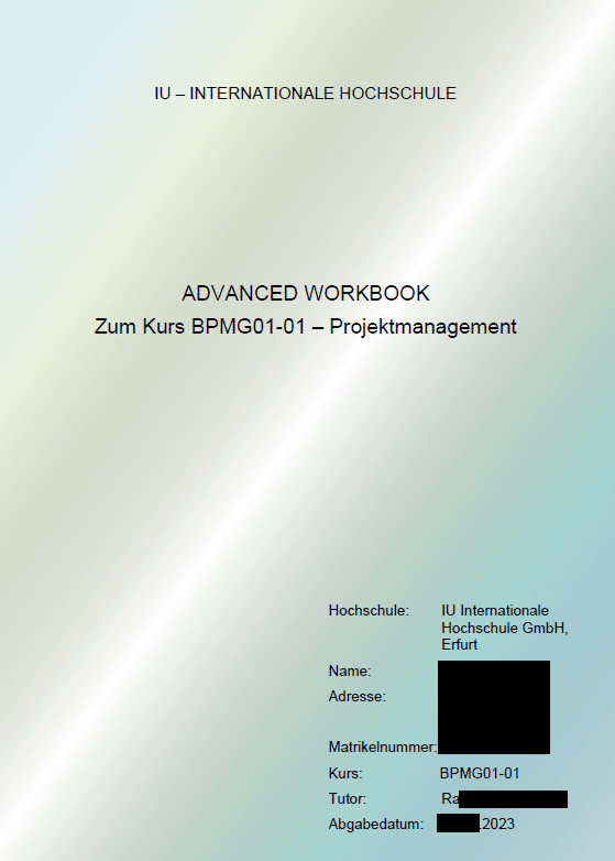 IU Advanced Workbook Projektmanagement - Deckblatt